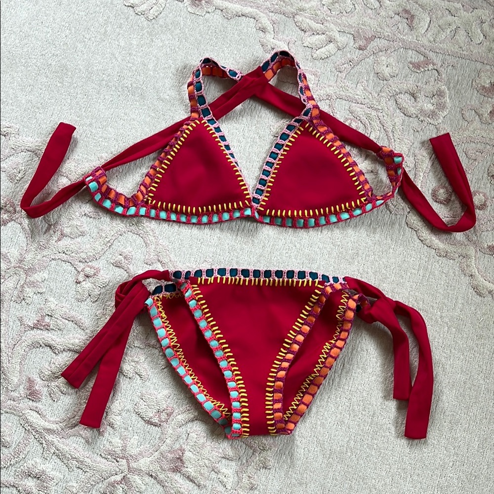 Red Halter Bikini Set with Multicolor Trim